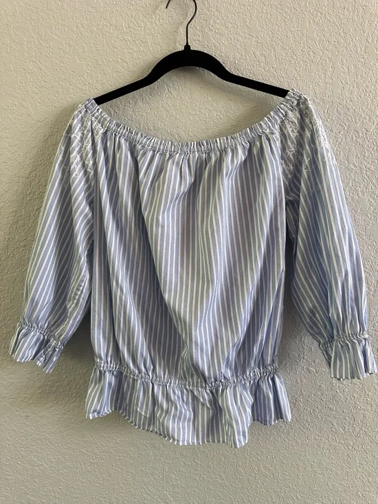 White House Black Market Off Shoulder Embroidered Blouse Blue Stripe Cotton L - Picture 9 of 14